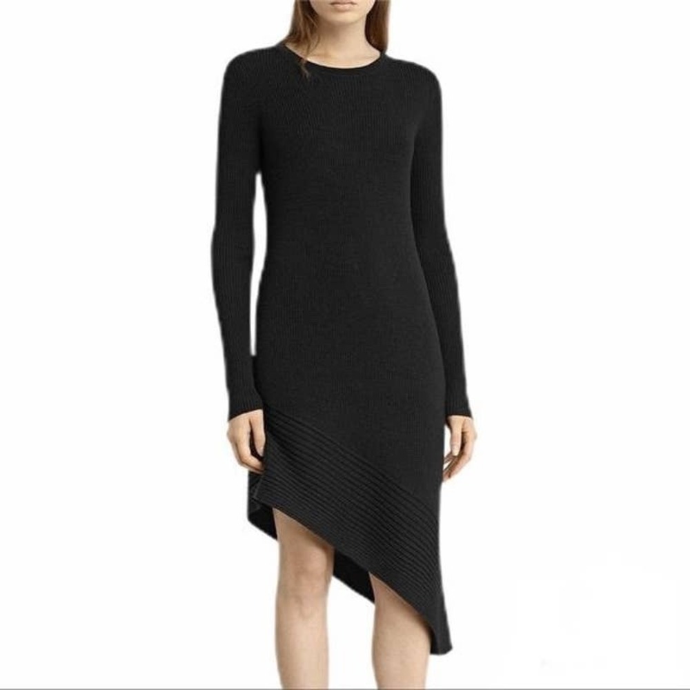 AllSaints Keld Asymmetrical Dress Women Small Black Merino Wool Luxury Old Money